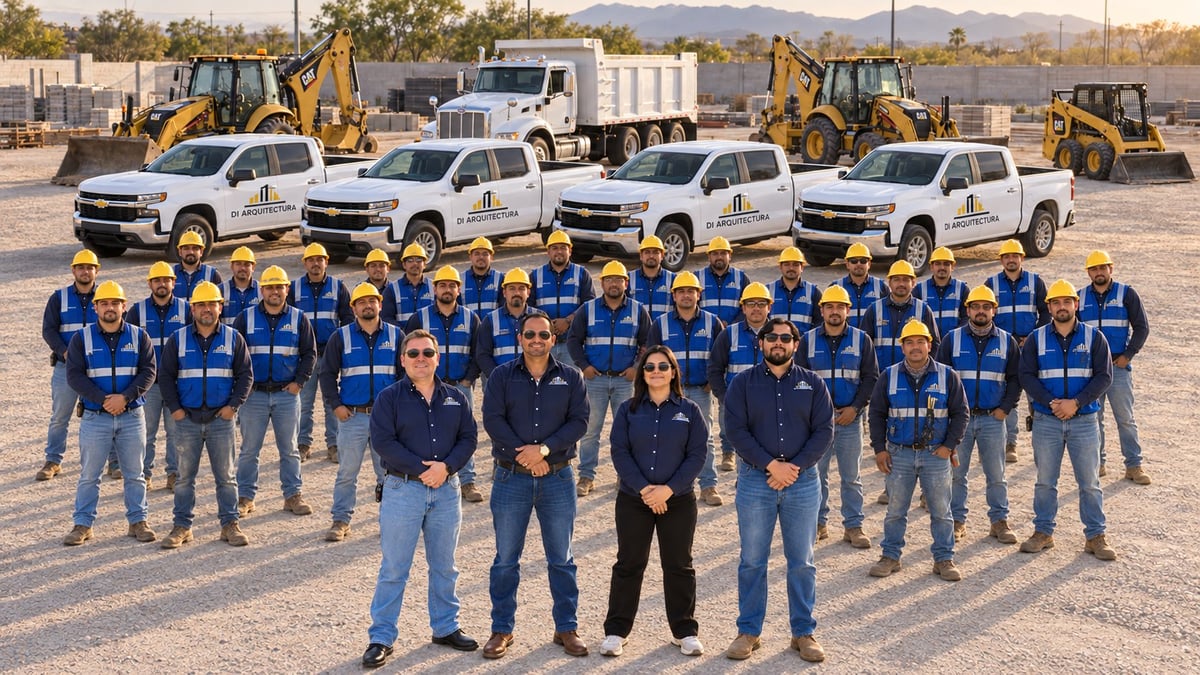 Team of construction workers in blue vests standing in front of white pickup trucks and heavy equipment machinery at a job site.